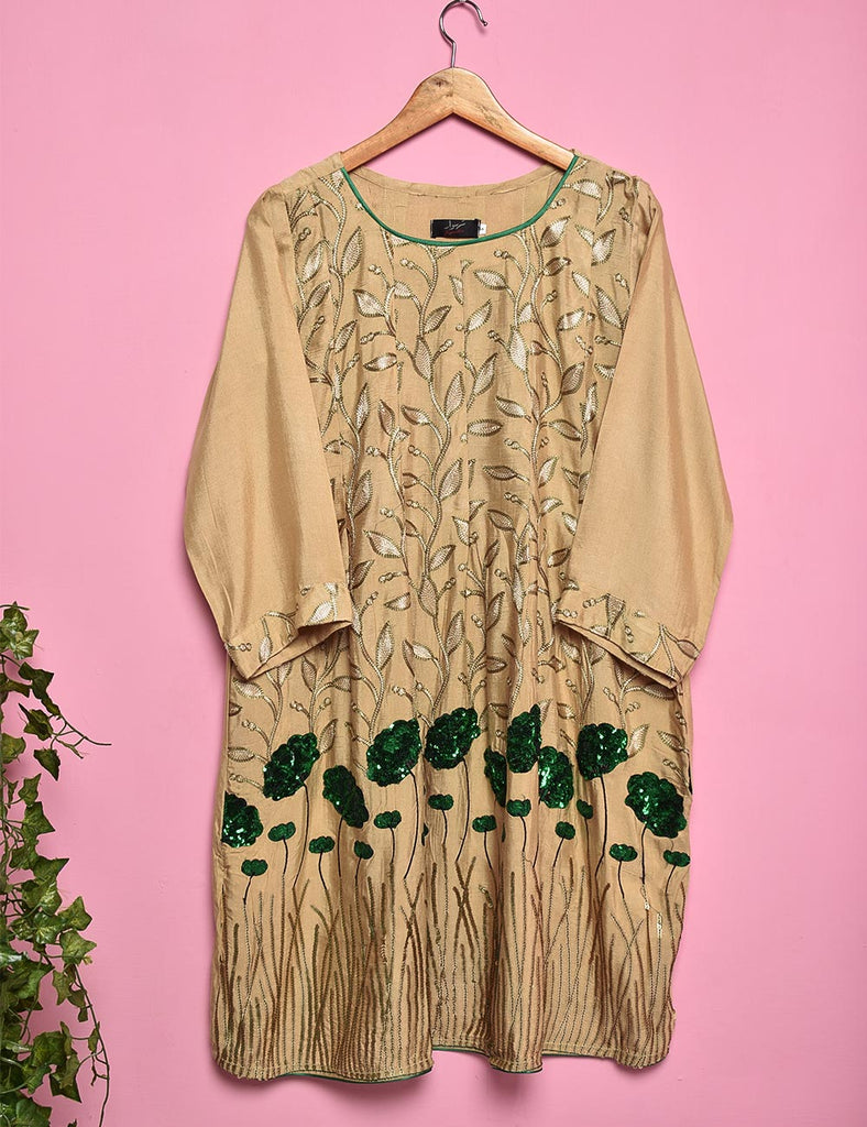 Sequence Embroidered Cotton Net Stitched Kurti- Foliage (T20-053D-SkinGreen)
