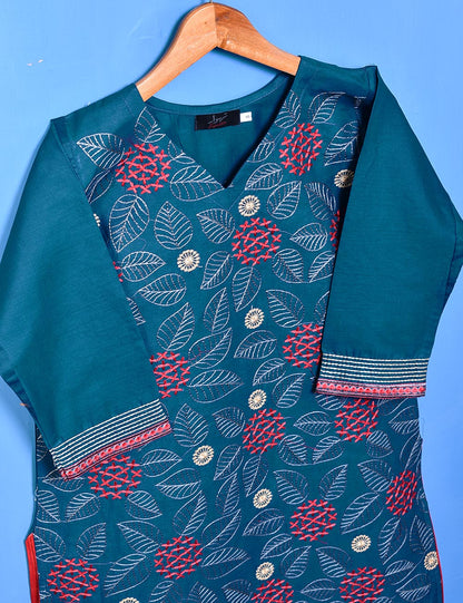 Cotton Embroidered Stitched Kurti - Foliole (TS-033A-Turquoise)