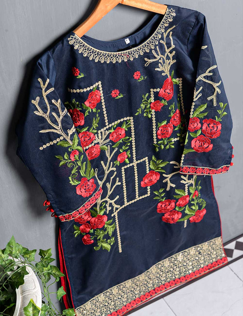 Khaddi Cotton Embroidered Kurti - Folksy bloom (TIE-05-Navy Blue)