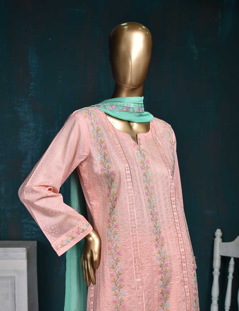 3 Pc Printed and Embroidered Cotton Dress with Embroidered Chiffon Dupatta - Frontline (CE-3A-Pink)