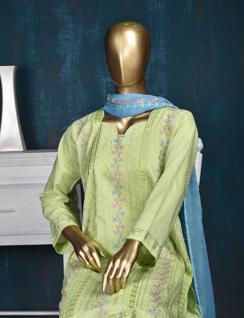 3 Pc Printed and Embroidered Cotton Dress with Embroidered Chiffon Dupatta - Frontline (CE-3B-Pista)