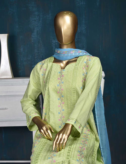 3 Pc Printed and Embroidered Cotton Dress with Embroidered Chiffon Dupatta - Frontline (CE-3B-Pista)