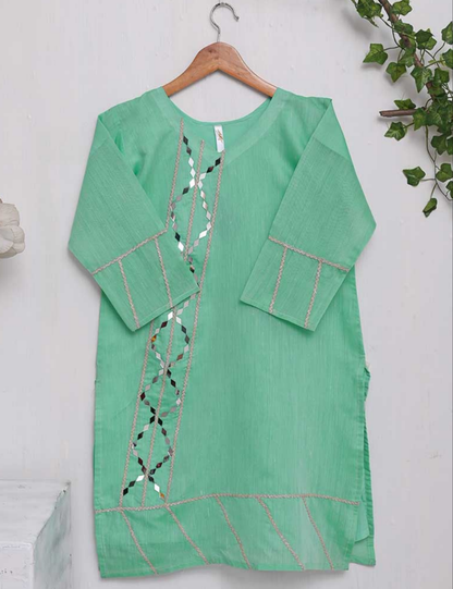 (TS-104-Aqua Green) - Paper Cotton Embroidered Stitched Kurti With Mirror Work