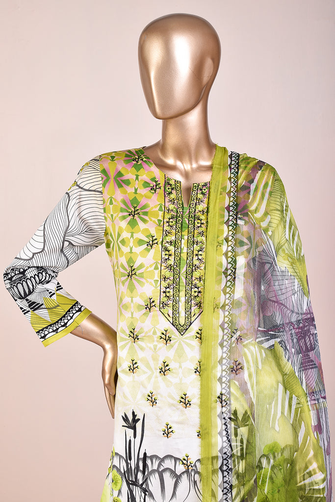3 Pc Unstitched Embroidered Lawn Dress with Chiffon Printed Dupatta - Rustic Minds (JEL-07)