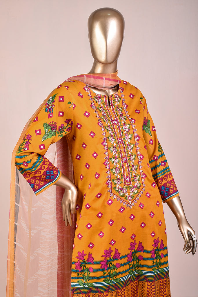 3 Pc Unstitched Embroidered Lawn Dress with Chiffon Printed Dupatta - Tangerine (JEL-08)