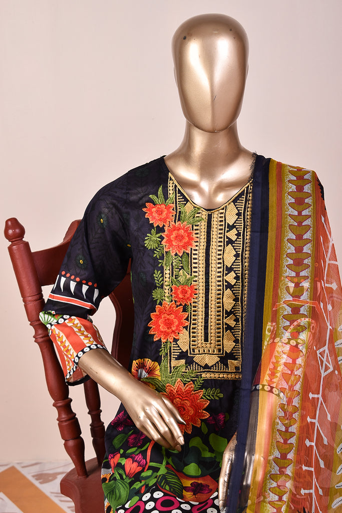 3 Pc Unstitched Embroidered Lawn Dress with Chiffon Printed Dupatta - Pure Magenta (JEL-06)