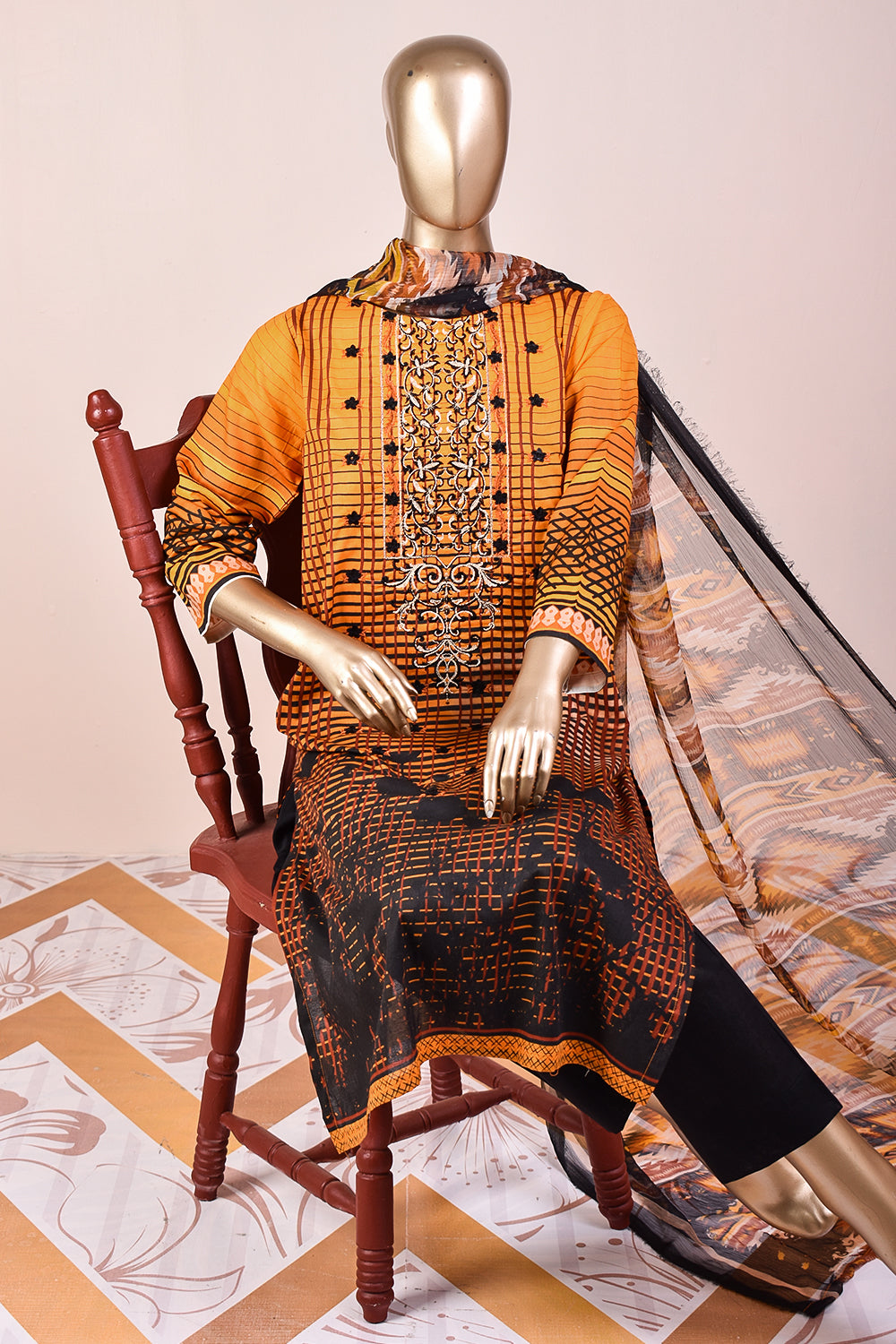 3 Pc Unstitched Embroidered Lawn Dress with Chiffon Printed Dupatta - Dark Shades (JEL-09)