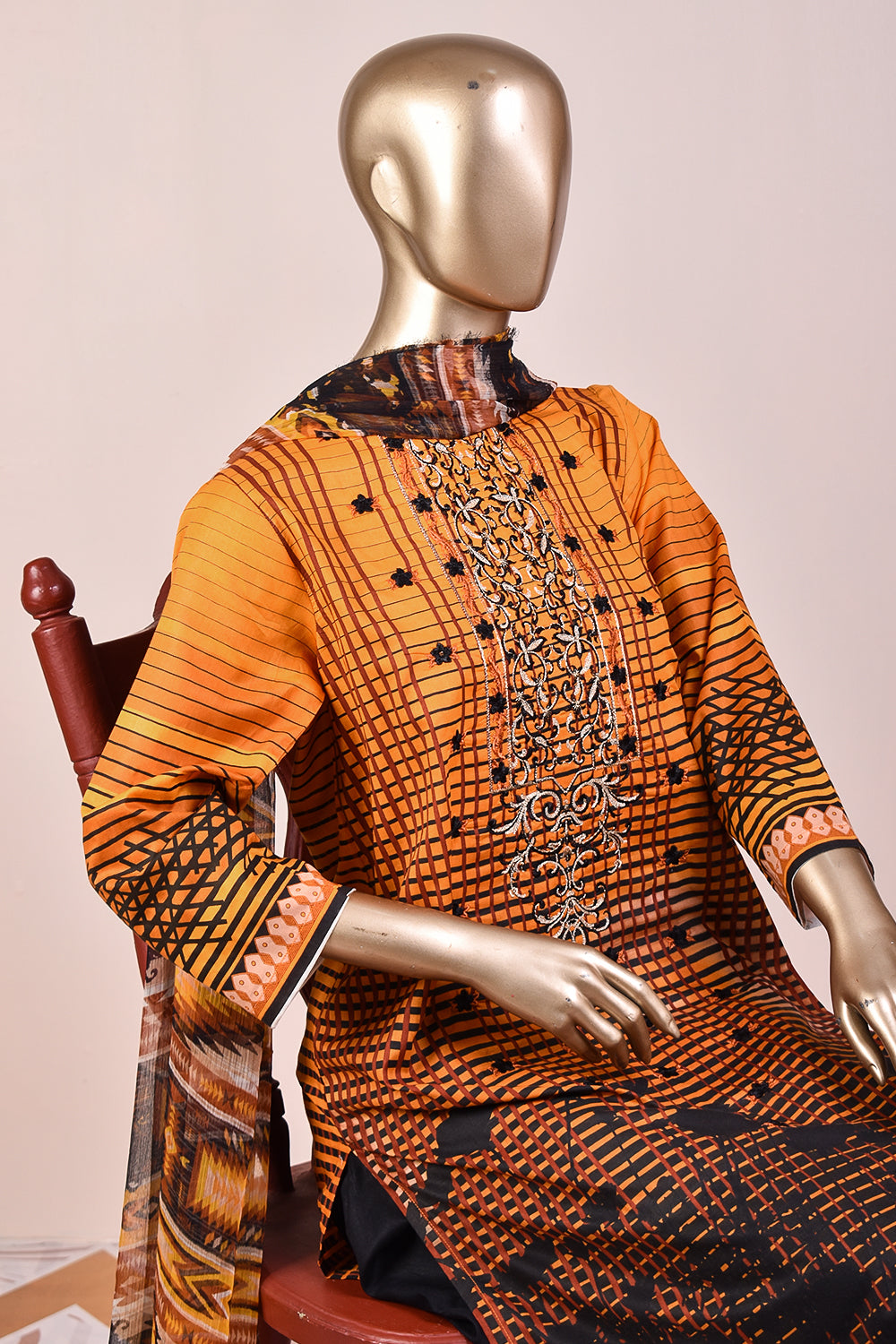 3 Pc Unstitched Embroidered Lawn Dress with Chiffon Printed Dupatta - Dark Shades (JEL-09)