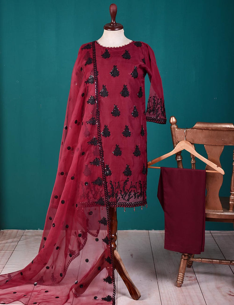 3 Pc Stitched Organza Suit with Organza Embroidered Dupatta and Malai Trouser - Scarlet Diva (RTW-20-Maroon)