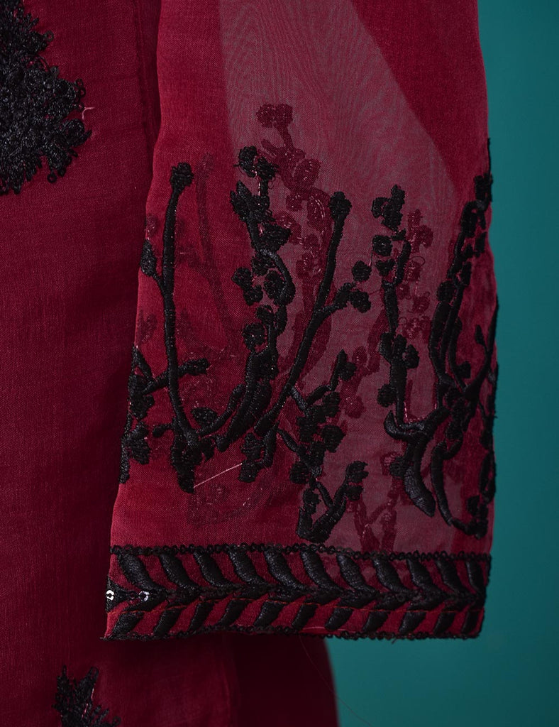 3 Pc Stitched Organza Suit with Organza Embroidered Dupatta and Malai Trouser - Scarlet Diva (RTW-20-Maroon)