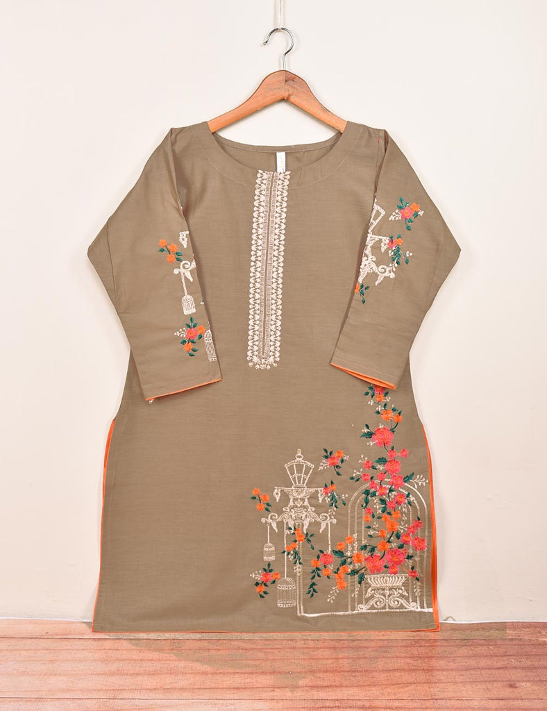 Cotton Embroidered Stitched Kurti - Majestic Cage (TS-021E-Khaki)