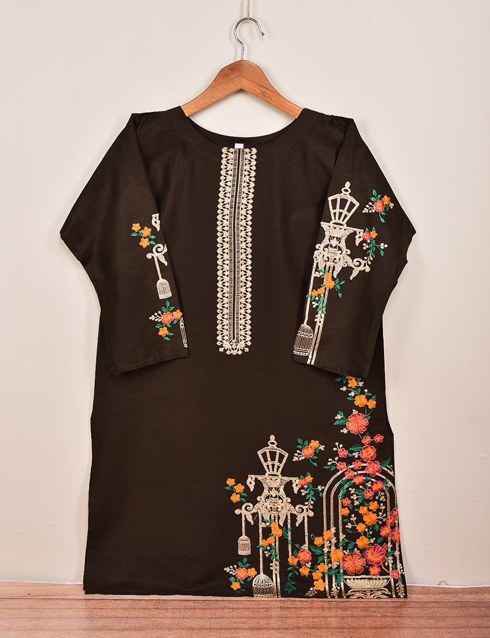 Cotton Embroidered Stitched Kurti - Majestic-Cage-(TS-021F-DarkBrown)