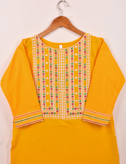 Cotton Embroidered Stitched Kurti - Midnight Wolf (TS-057B-Yellow)