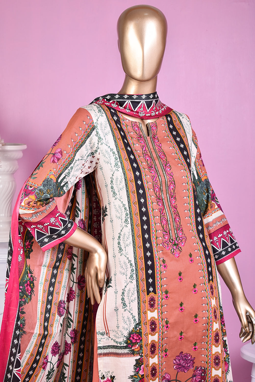 3 Pc Unstitched Embroidered Lawn Dress with Lawn Printed Dupatta & Embroidered Cotton Trouser - Minin (ZLE-2A)