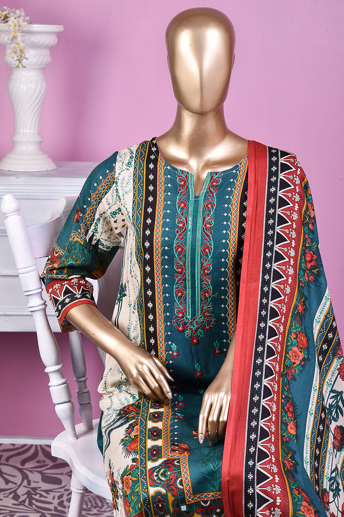 3 Pc Unstitched Embroidered Lawn Dress with Lawn Printed Dupatta & Embroidered Cotton Trouser - Minin (ZLE-2B)