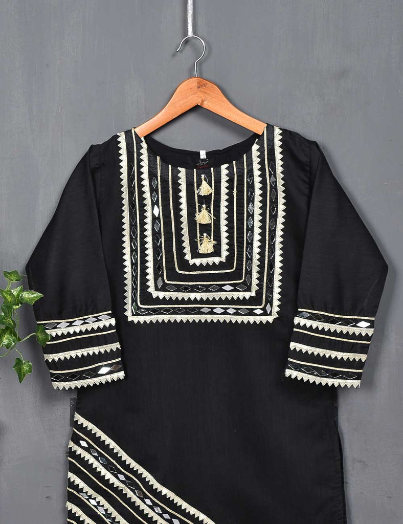 Paper Cotton Stitched Kurti with Mirror and Lace Work - Mirror Cut (T20-021B-Black)