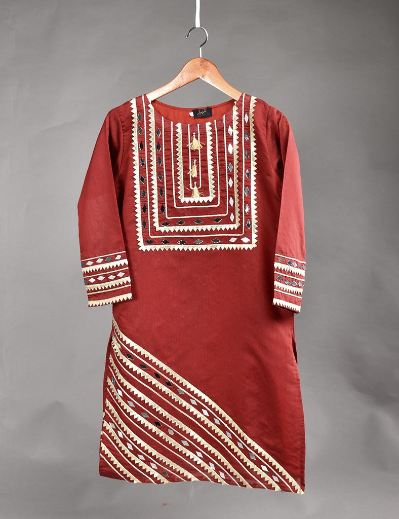 Paper Cotton Stitched Kurti with Mirror and Lace Work - Mirror Cut (T20-021C-Maroon)