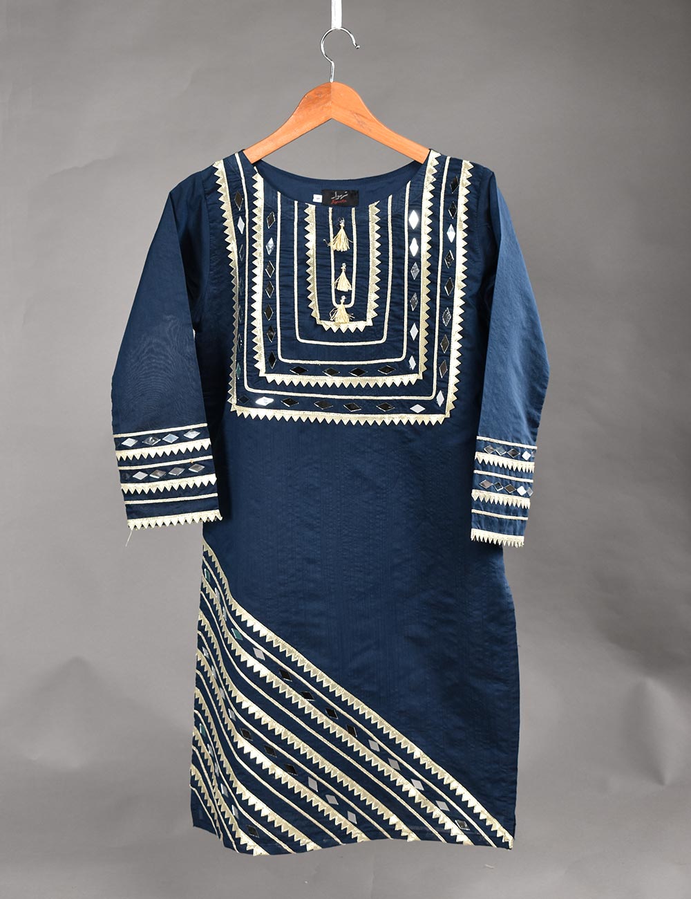 Paper Cotton Stitched Kurti with Mirror and Lace Work - Mirror Cut (T20-021D-NavyBlue)