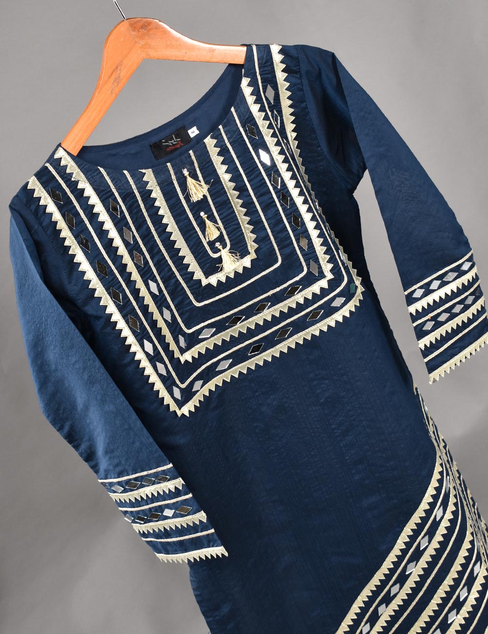 Paper Cotton Stitched Kurti with Mirror and Lace Work - Mirror Cut (T20-021D-NavyBlue)