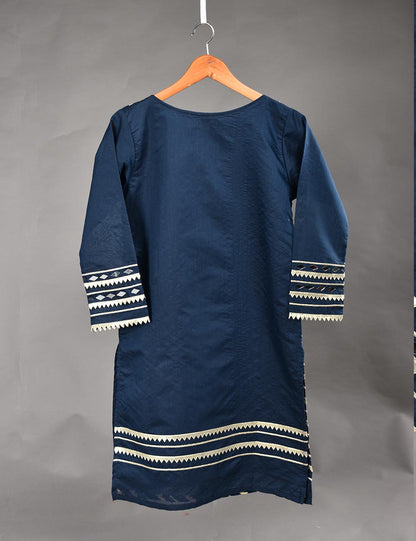 Paper Cotton Stitched Kurti with Mirror and Lace Work - Mirror Cut (T20-021D-NavyBlue)