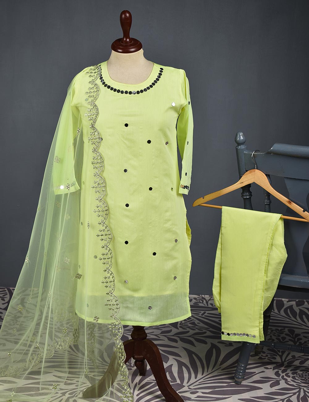 3 Pc Stitched Paper Cotton Suit with Net Embroidered Dupatta and Cotton Mirror Bottom Trouser - Mirror Glow (RTW-11-Lemon)