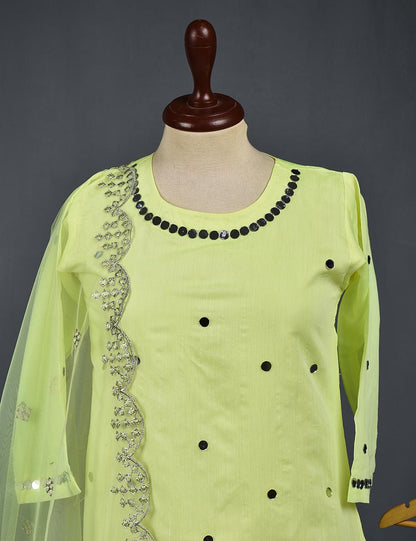 3 Pc Stitched Paper Cotton Suit with Net Embroidered Dupatta and Cotton Mirror Bottom Trouser - Mirror Glow (RTW-11-Lemon)