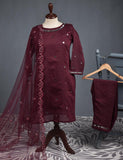 3 Pc Stitched Paper Cotton Suit with Net Embroidered Dupatta and Cotton Mirror Bottom Trouser - Mirror Glow (RTW-12-Maroon)