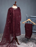 3 Pc Stitched Paper Cotton Suit with Net Embroidered Dupatta and Cotton Mirror Bottom Trouser - Mirror Glow (RTW-12-Maroon)