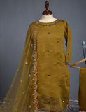 3 Pc Stitched Paper Cotton Suit with Net Embroidered Dupatta and Cotton Mirror Bottom Trouser - Mirror Glow (RTW-13-Mustard)