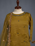 3 Pc Stitched Paper Cotton Suit with Net Embroidered Dupatta and Cotton Mirror Bottom Trouser - Mirror Glow (RTW-13-Mustard)