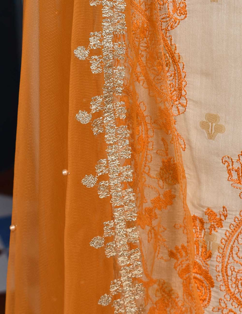 Jacquard Paper Cotton with Embroidered Net Dupatta &amp; Malai Silk Trouser - Orange Love (RTW-2-Peach)