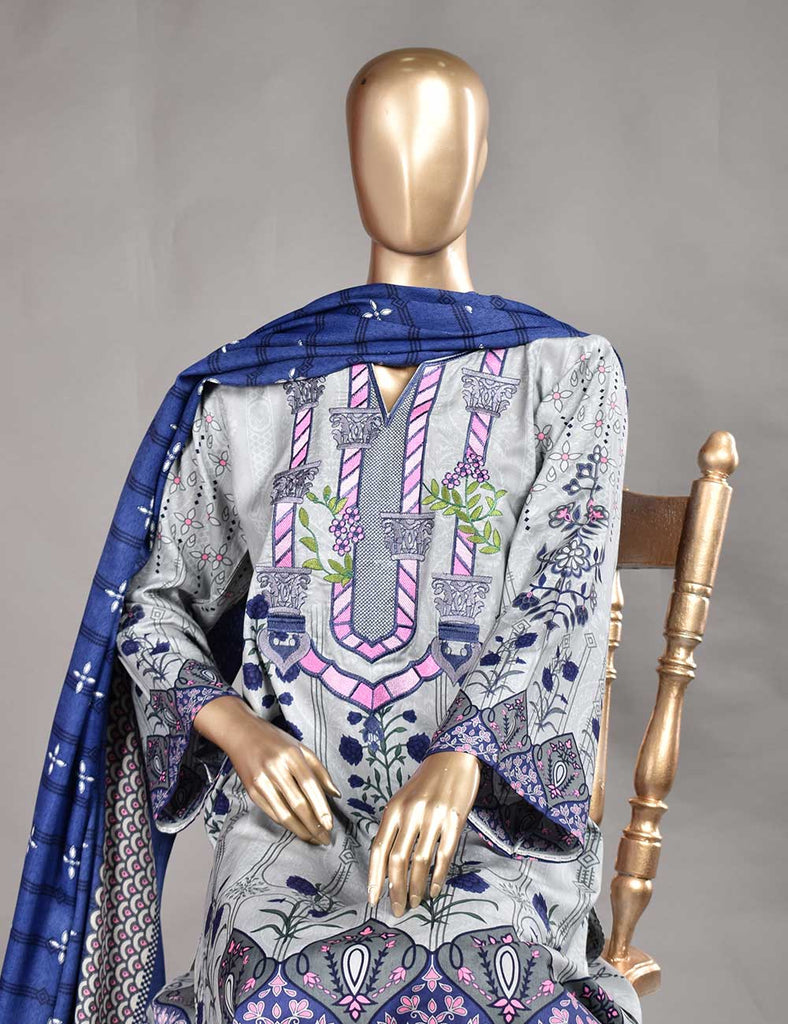 3 Pc Unstitched Linen Printed &amp; Embroidered Dress with Printed Wool Shawl Dupatta - Prolific hues (KL-07)