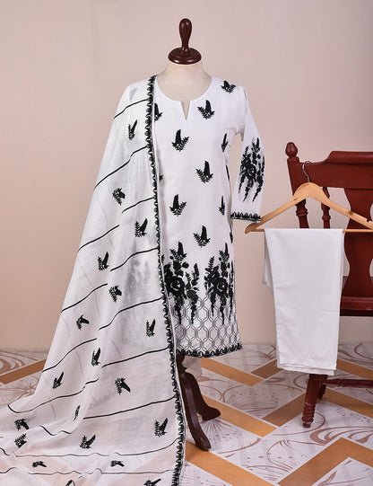 RTW-16-White - 3 Pc Embroidered Paper Cotton