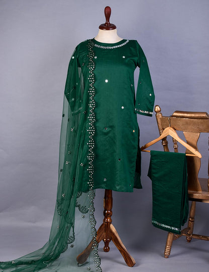 3 Pc Stitched Paper Cotton Suit with Net Embroidered Dupatta and Cotton Mirror Bottom Trouser - Mirror Glow (RTW-18-Green)