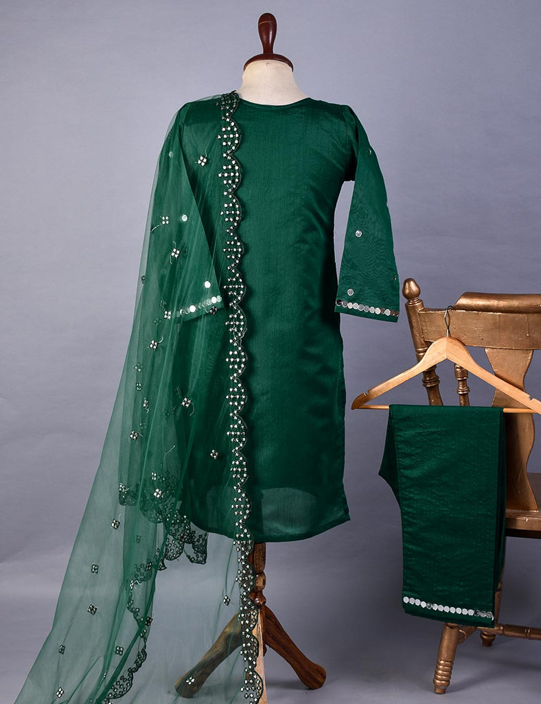 3 Pc Stitched Paper Cotton Suit with Net Embroidered Dupatta and Cotton Mirror Bottom Trouser - Mirror Glow (RTW-18-Green)