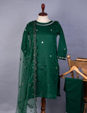 3 Pc Stitched Paper Cotton Suit with Net Embroidered Dupatta and Cotton Mirror Bottom Trouser - Mirror Glow (RTW-18-Green)