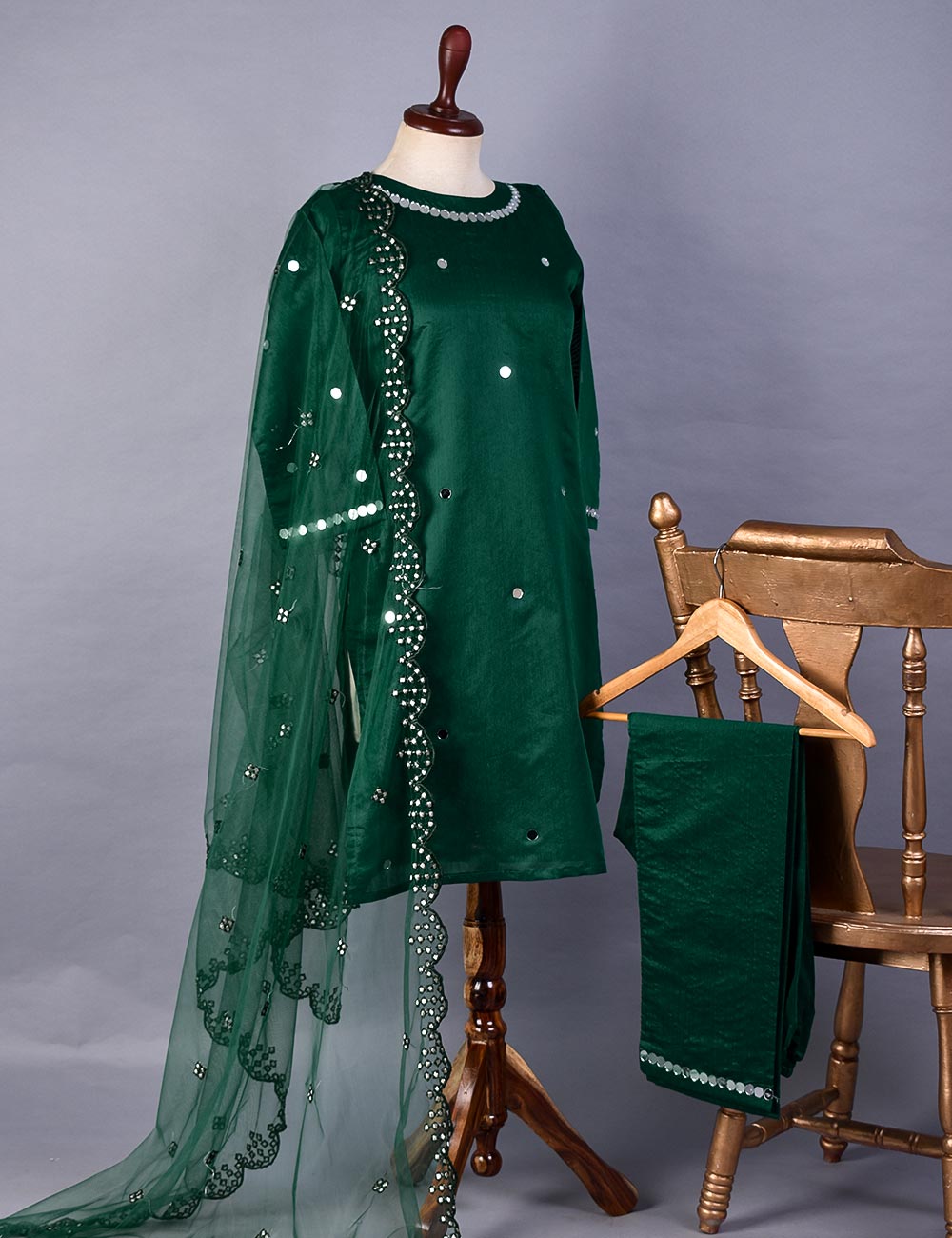 3 Pc Stitched Paper Cotton Suit with Net Embroidered Dupatta and Cotton Mirror Bottom Trouser - Mirror Glow (RTW-18-Green)