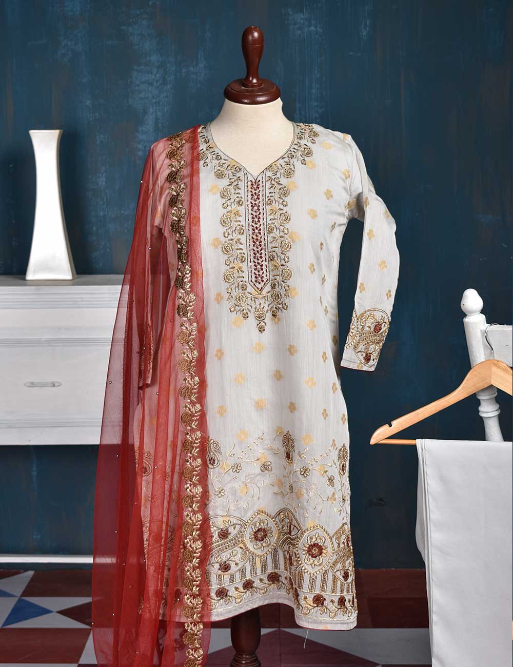 Jacquard Paper Cotton with Embroidered Net Dupatta &amp; Malai Silk Trouser - Royal Red (RTW-1-Grey)