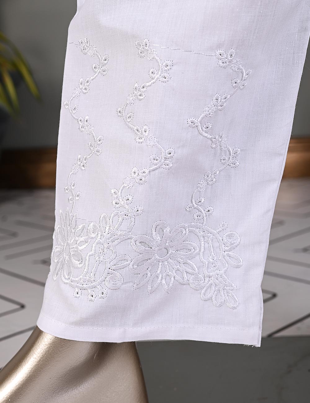 Super Quality Polyester Cotton Embroidered Stitched Trouser - (STC-01D-White)