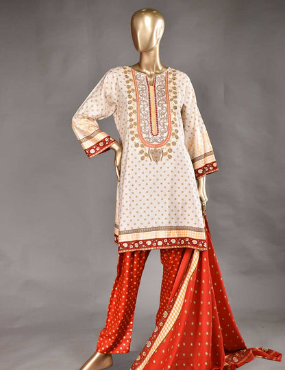 3 Pc Unstitched Linen Printed &amp; Embroidered Dress with Printed Wool Shawl Dupatta - Star Ruby (KL-10)