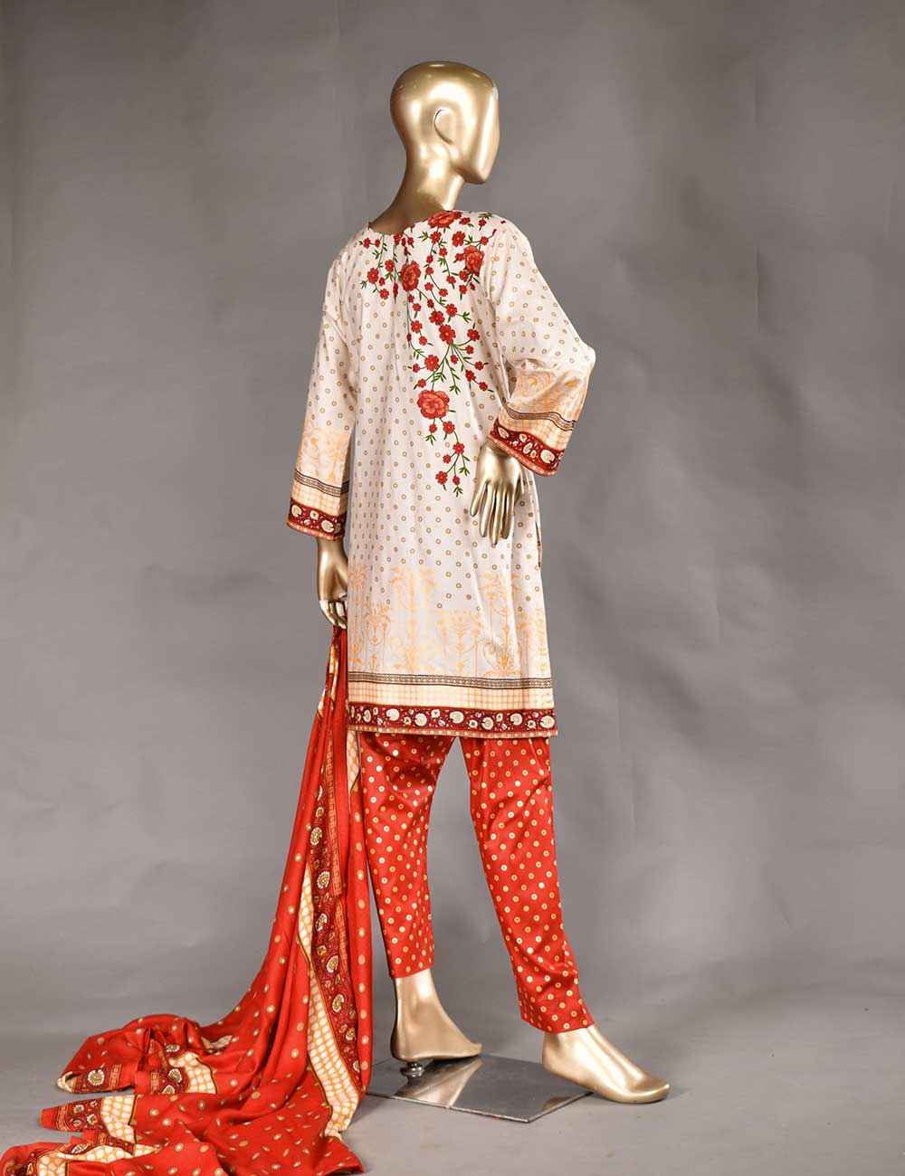 3 Pc Unstitched Linen Printed &amp; Embroidered Dress with Printed Wool Shawl Dupatta - Star Ruby (KL-10)