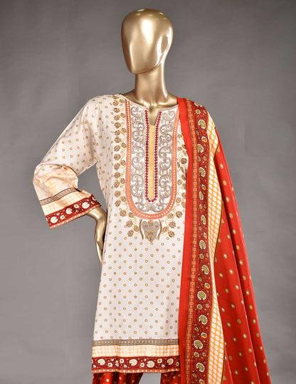 3 Pc Unstitched Linen Printed &amp; Embroidered Dress with Printed Wool Shawl Dupatta - Star Ruby (KL-10)