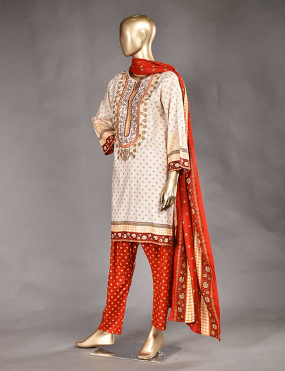 3 Pc Unstitched Linen Printed &amp; Embroidered Dress with Printed Wool Shawl Dupatta - Star Ruby (KL-10)