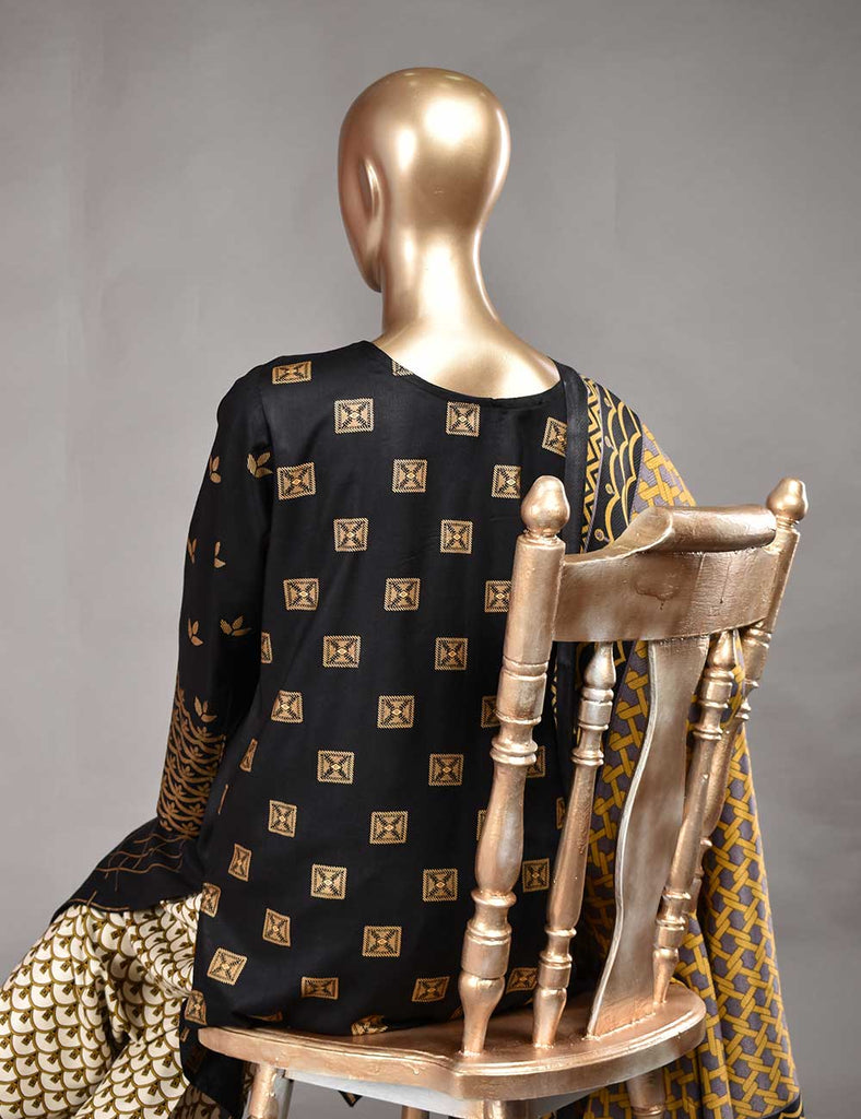 3 Pc Unstitched Linen Printed & Embroidered Dress with Printed Wool Shawl Dupatta - Stygian (KL-09)
