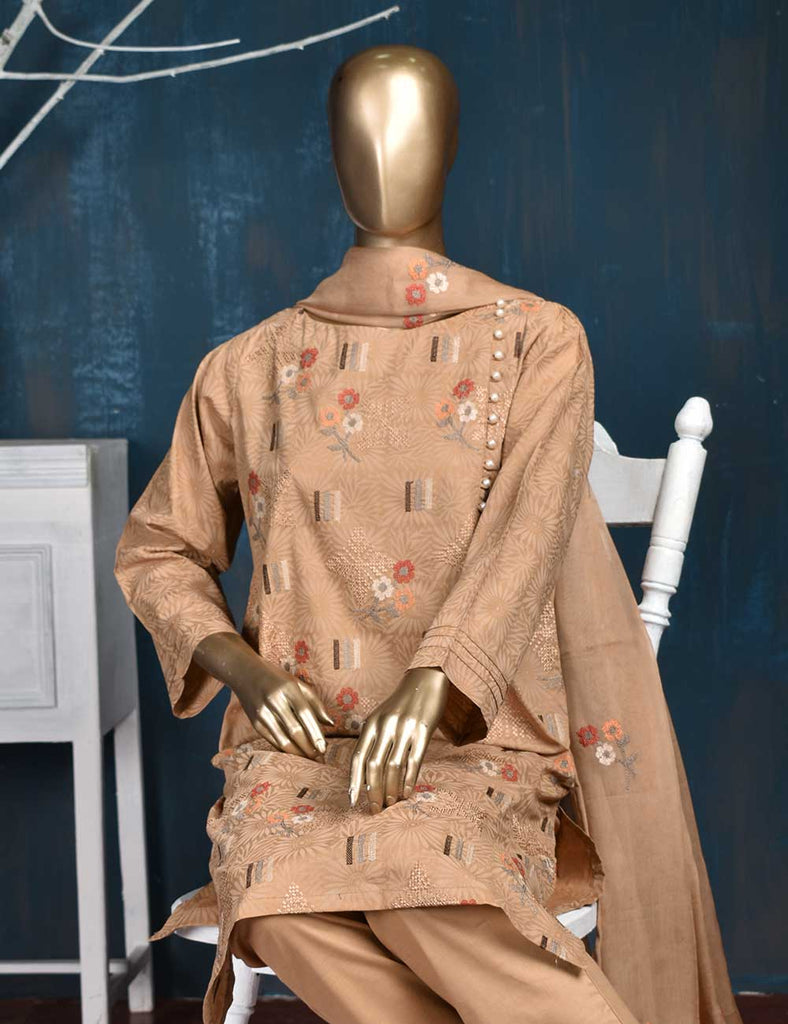3 Pc Printed and Embroidered Cotton Dress with Embroidered Chiffon Dupatta - Sunflower (CE-1B-Skin)