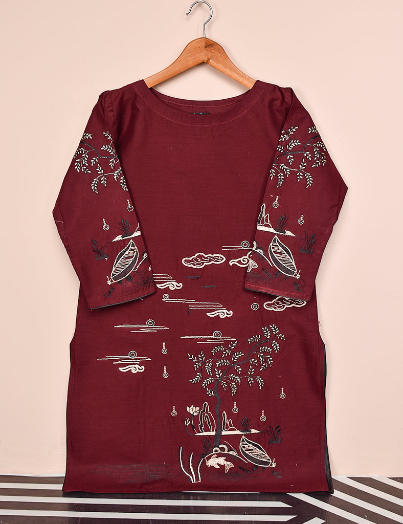 Cotton Embroidered Stitched Kurti - Midnight Lake (T20-060B-Maroon)