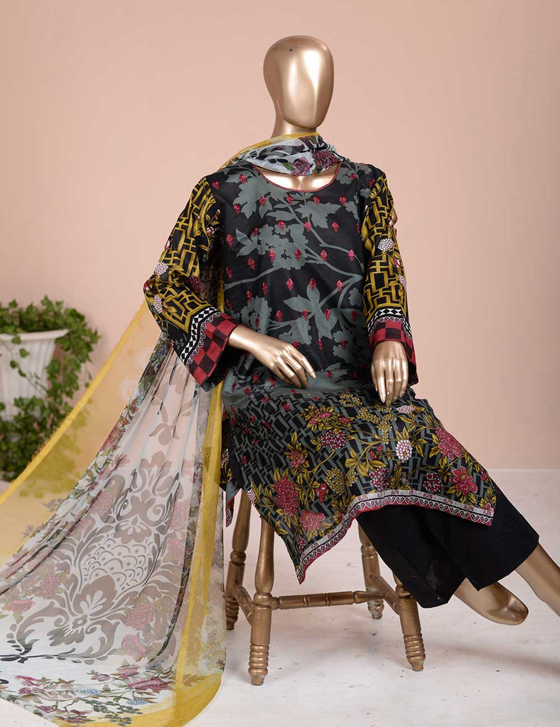 3 Pc Unstitched Lawn Embroidered Dress with Chiffon Dupatta - True Epiphany (EC-2B)