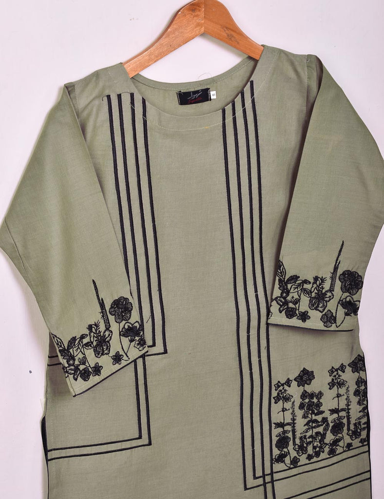 Cotton Embroidered Stitched Kurti - Figwort (TS-036A-GreenishGrey)