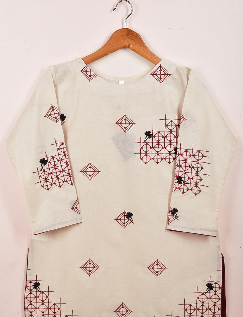 TS-060B-Cream - Cotton Embroidered Stitched Kurti