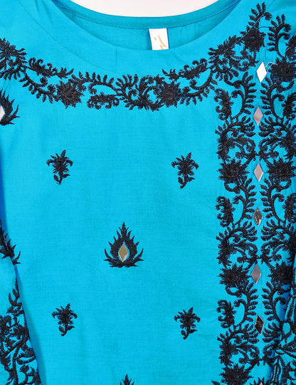 Cotton Embroidered Stitched Kurti With Mirror Work - Bumblebee (TS-068B-Blue)